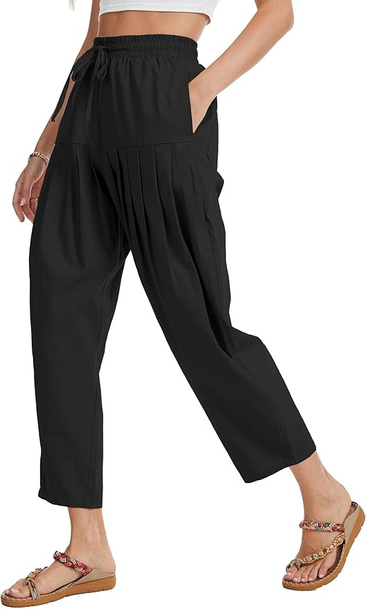 Cotton Linen Barrel Pants Women Wide Leg Hippie Boho Casual Loose Harem Pants Pleated Pull On Ela... | Amazon (US)