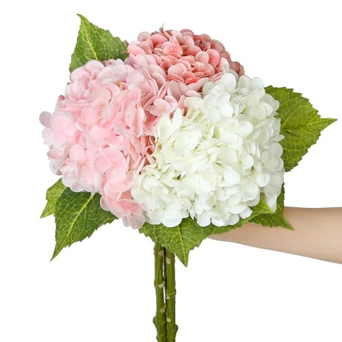 SITUMEIZI Hydrangea Pink Artificial Flower Fake Pink Flowers 21 Inch Latex Fake Hydrangeas 3Pc | Amazon (US)