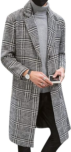 UANEO Mens Winter Trench Coat Notched Collar Single Breasted Plaid Mid Long Peacoat Overcoats wit... | Amazon (US)