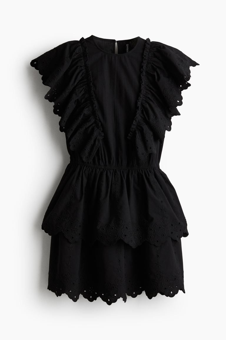 Flounced Cotton Dress - Round Neck - Sleeveless - Black - Ladies | H&M US | H&M (US + CA)