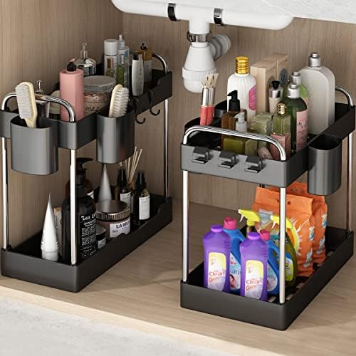 2 Pack Under Sink Organizer,2 Tier Under Sink Storage Organizer with Hooks and Hanging Cups for Bath | Amazon (US)