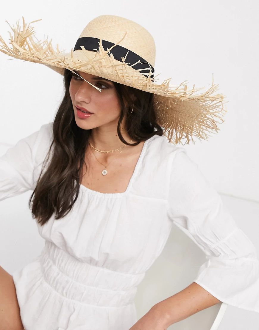 ASOS DESIGN oversized floppy natural straw hat with raw edge-Brown | ASOS (Global)