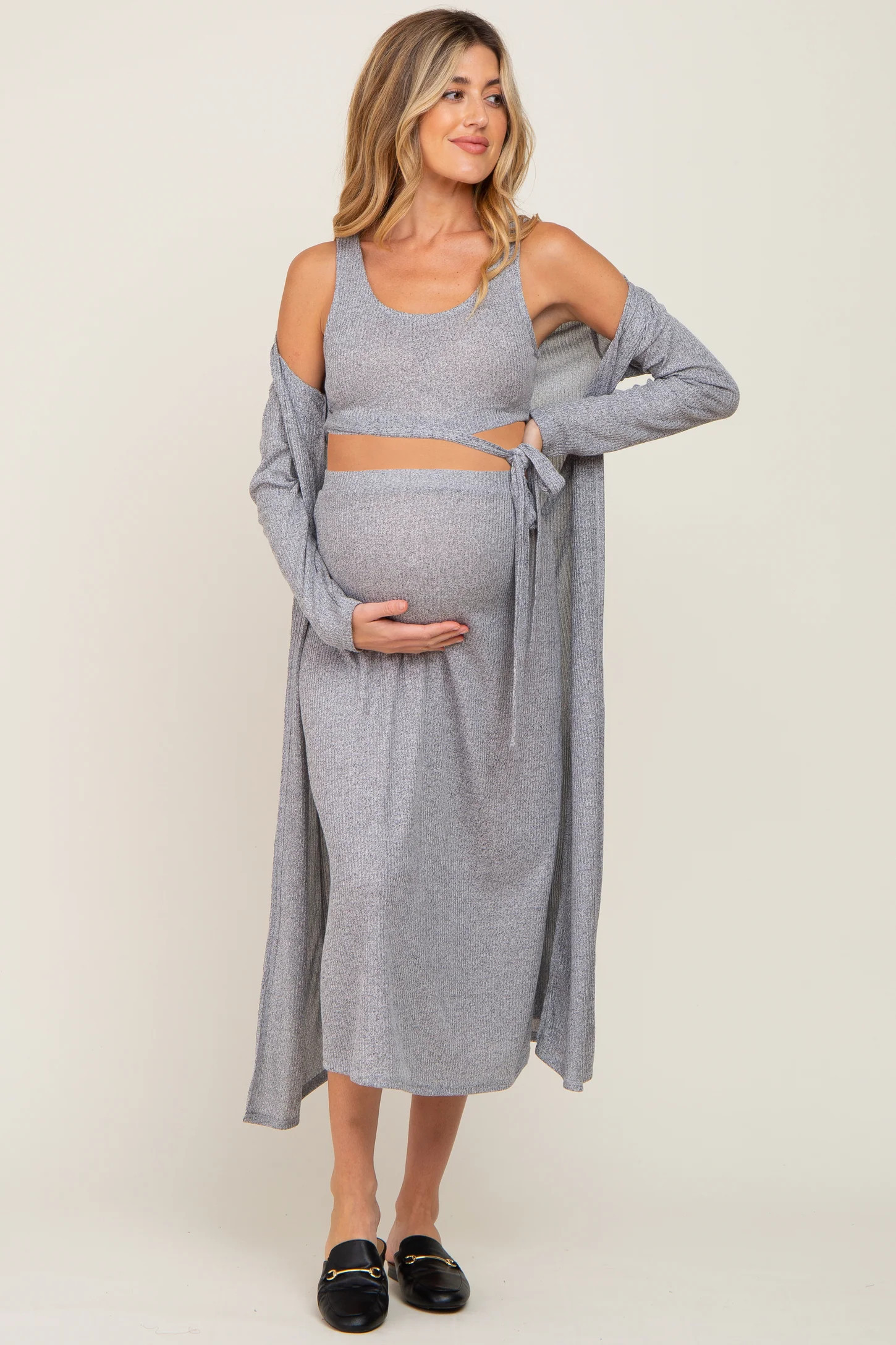 Navy Heather 3-Piece Skirt and Cardigan Maternity Set | PinkBlush Maternity