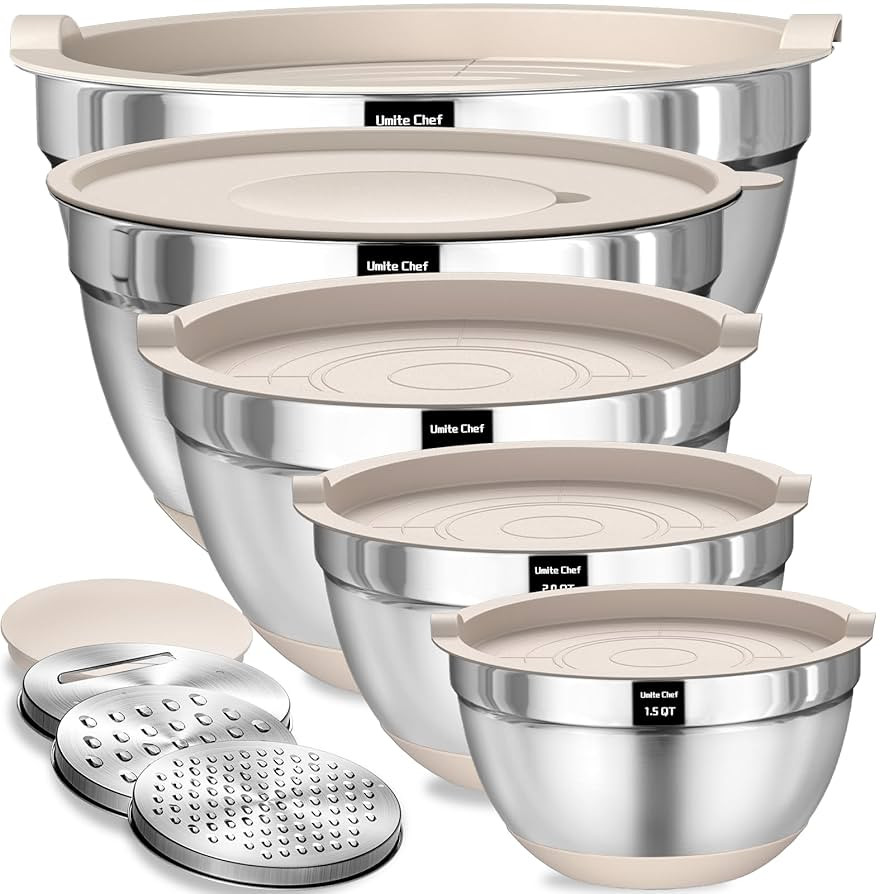 Umite Chef Mixing Bowls with Airtight Lids Set, 8PCS Stainless Steel Khaki Nesting Bowls with Gra... | Amazon (US)