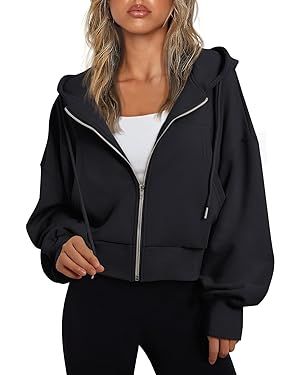 Trendy Queen Hoodies for Women Full Zip Up Cropped Sweatshirts Casual Hooded Pullover Sweaters To... | Amazon (US)