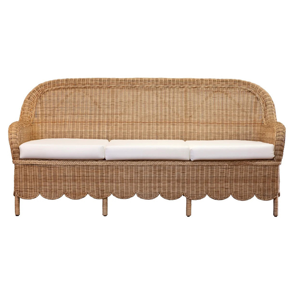 Monica Coastal Beach White Upholstered Natural Handwoven Rattan Sofa - 82""W | Kathy Kuo Home