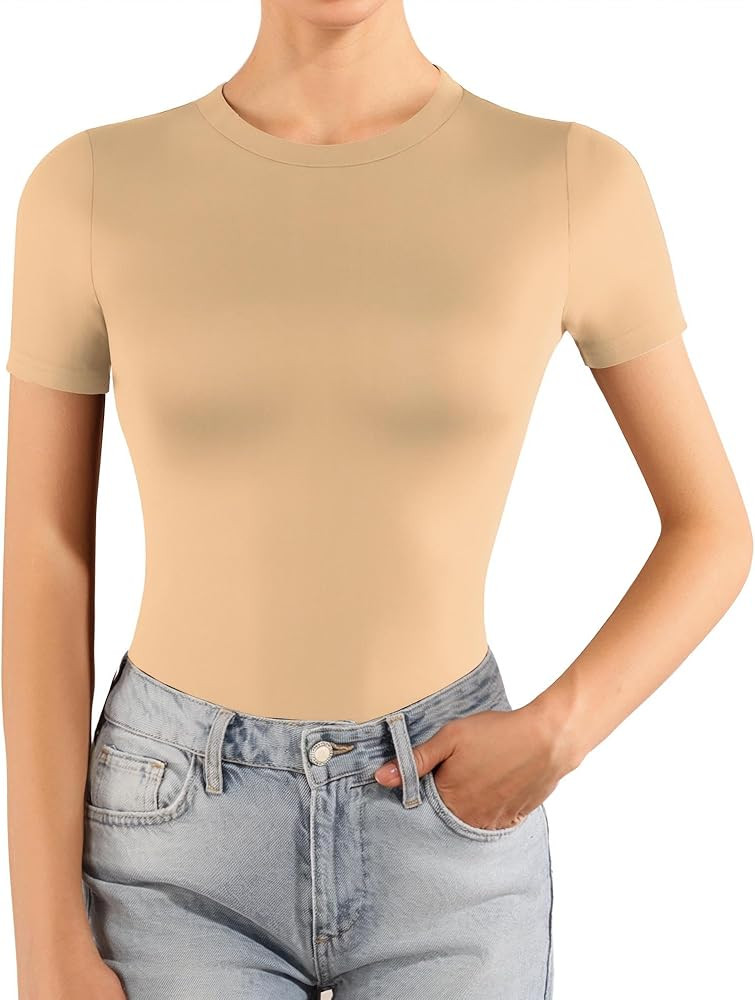 MANGOPOP Crew Neck Long Sleeve Short Sleeve T Shirts for Women Fitted Shirts Tight Neck T Shirts ... | Amazon (US)