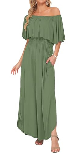 AUSELILY Womens Off The Shoulder Dress Summer Casual Long Ruffle Party Side Split Beach Maxi Dres... | Amazon (US)