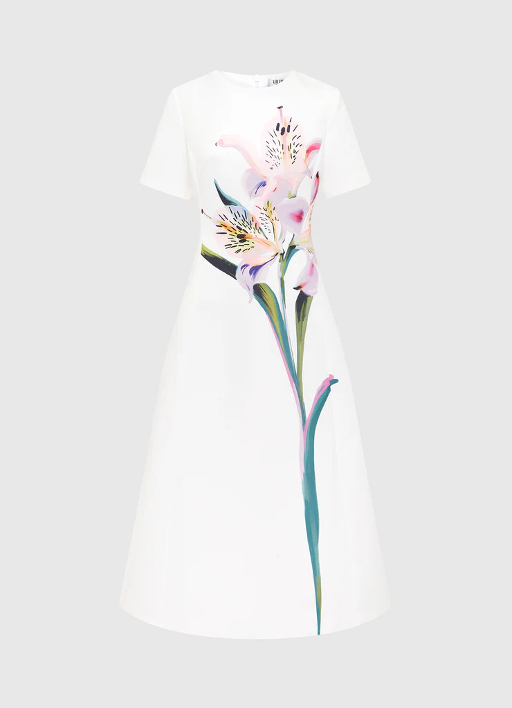Caroline Short Sleeve Midi Dress - Lily Print in Snow | LEO LIN