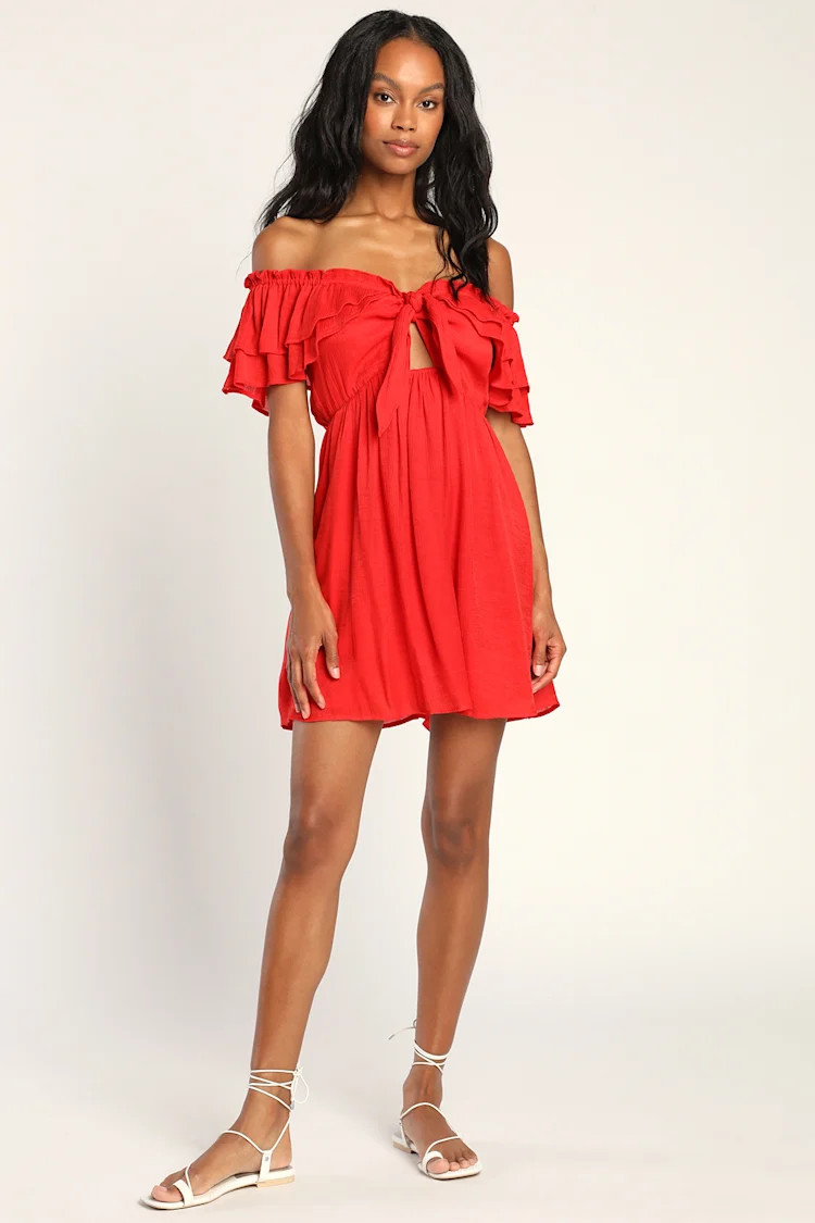 Here for the Love Red Off-The-Shoulder Tie-Front Mini Dress | Lulus (US)