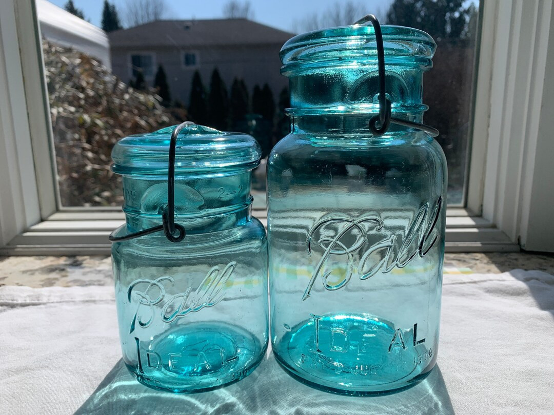 Set of Vintage Ball Ideal Jar Pint and Quart Glass Aqua Wire Bail Jars in GREAT Condition for you... | Etsy (US)