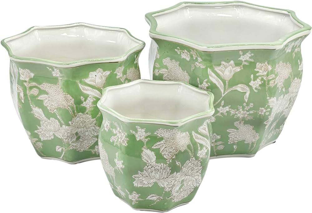 Galt International Set of 3 (7.5", 10", 13" Diameter) Green & White Floral Porcelain Ceramic Plan... | Amazon (US)