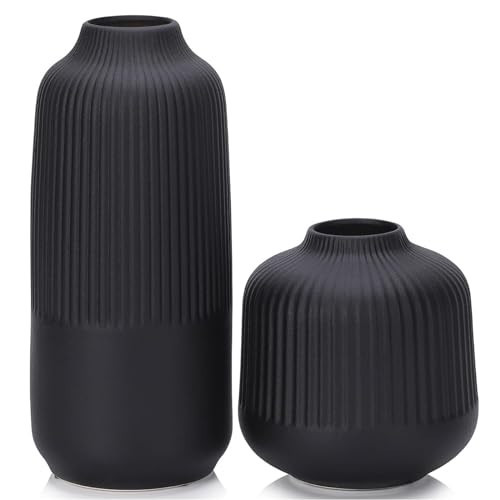Ceramic Flower Vase Set 2 Large Matte Black Vase for Home Decor Ribbed Vases for Room Office Shelf Decor, Simple Yet Gorgeous Classic Nordic Style Vases for Fresh Dried Flowers Pampas Grass, 10 inch | Amazon (US)