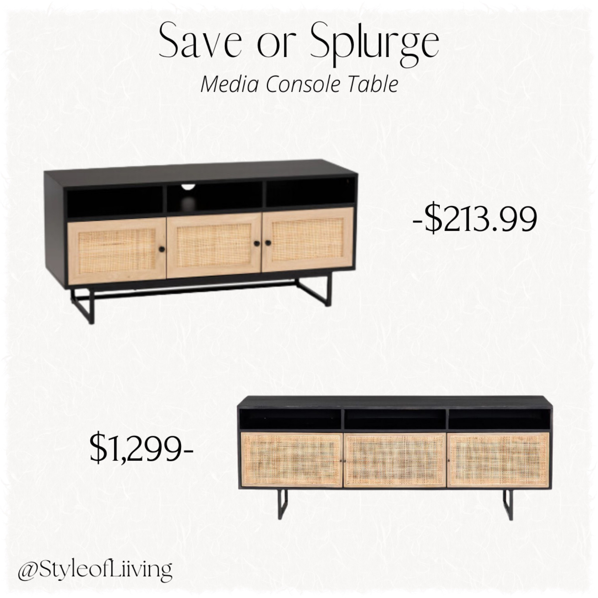 Save or Splurge! Cane media console black and natural from Pottery Barn. Ashley Furniture 3 door tv stand less than $300. Same vibe for less!

#LTKsalealert #LTKstyletip #LTKhome