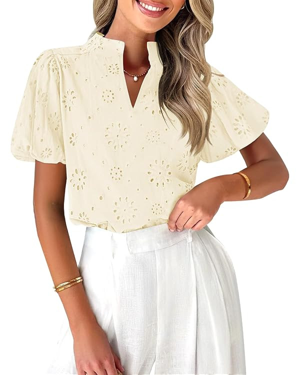ZESICA Women's Summer Short Puff Sleeve Shirts 2025 V Neck Casual Hollow Out Lace Embroidered Blo... | Amazon (US)