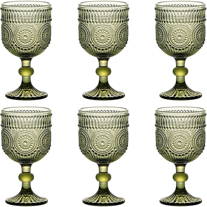 Green Wine Glasses Drinking Water Goblets set of 6 Vintage Colored Glassware 12 Ounces Sunflower ... | Amazon (US)