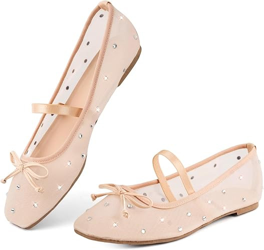 MUSSHOE Mesh Ballet Flats for Women: Square Toe Mary Jane Flats with Rhinestone Slip-on Dressy Co... | Amazon (US)