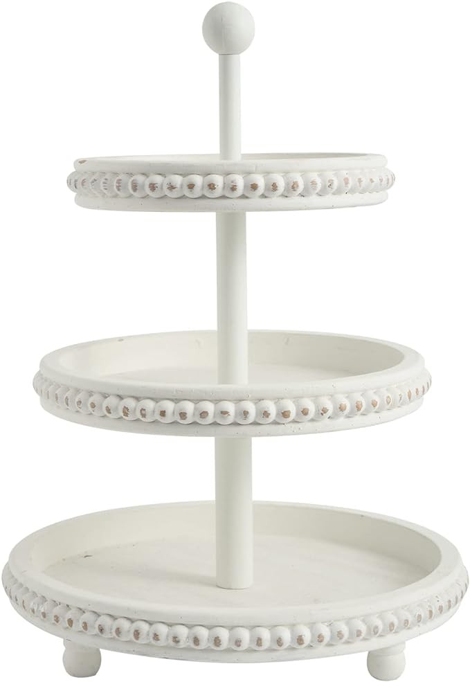 Farmhouse 3 Tier Tray, White Three Tiered Tray Wood Stand with Shabby Chic Beaded for Home & Kitc... | Amazon (US)