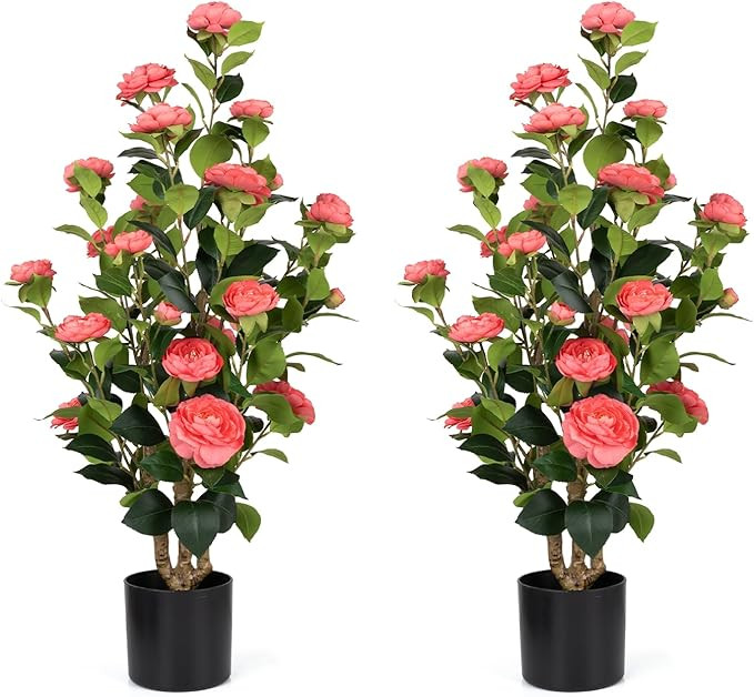Romantic Season Paquete de 2 árboles artificiales de camelia de 3 pies, planta de camelia sinté... | Amazon (US)
