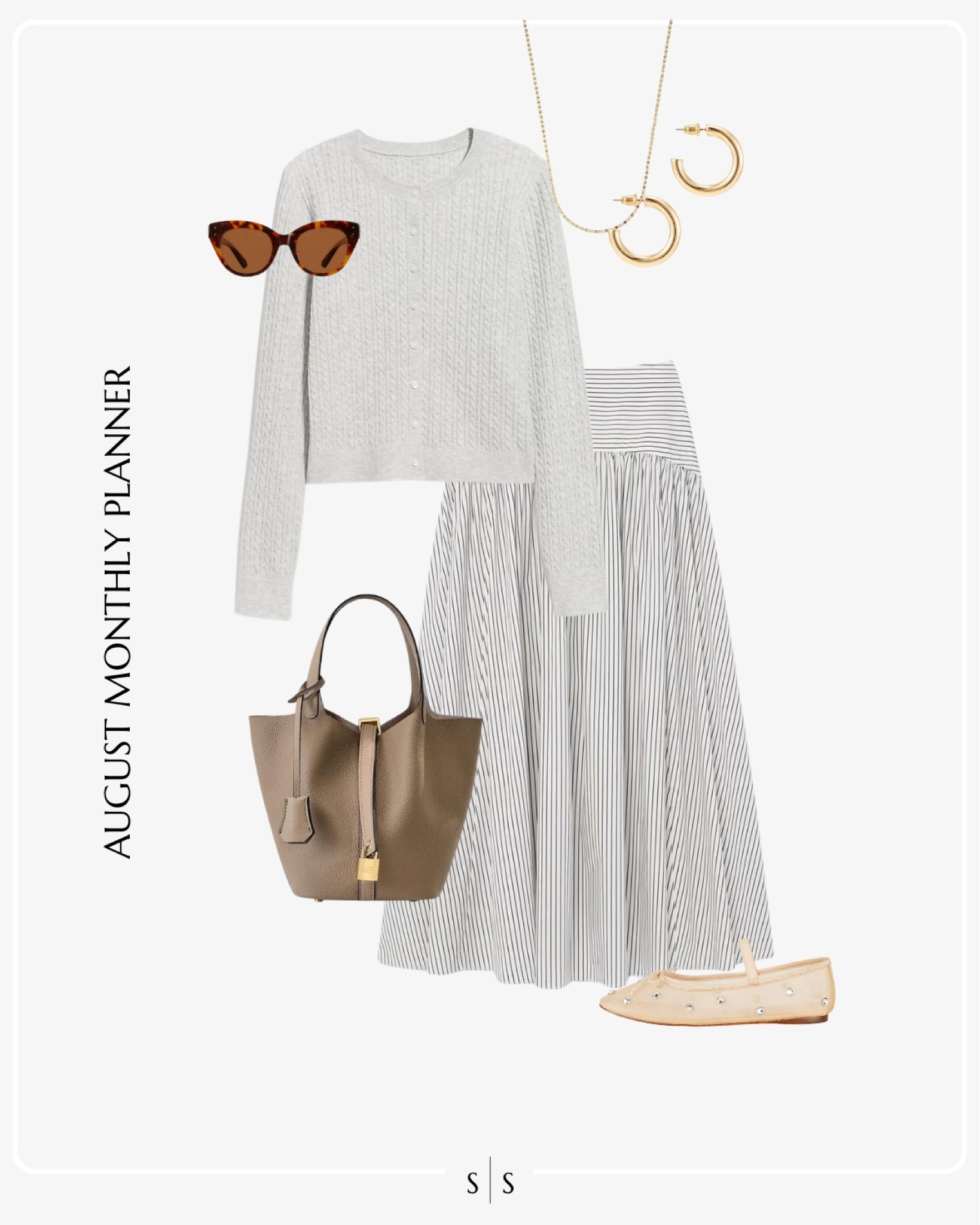 Monthly outfit planner AUGUST: Summer to Fall transitional looks | cardigan sweater, striped maxi skirt, mesh ballet flats, tote handbag

See the entire calendar on thesarahstories.com ✨ 


#LTKStyleTip