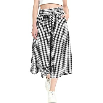 LOMON Womens Wide Leg Capri Pants Gingham Plaid Culottes Summer Elastic Waist Palazzo Trousers Bo... | Amazon (US)