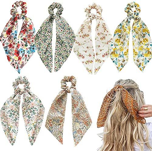 6 Pcs Floral Hair Scarf Scrunchies bowknot floral hair ribbons ties Chiffon Scarf Scrunchies Bow Tie | Amazon (US)