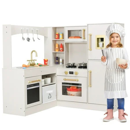 Pirecart Kids Corner Play Kitchen Wooden Toddler Kitchen Playset Pretend Play Cooking Toys with Lights & Sounds, Refrigerator, Water Dispenser, for Age 3+ Girls and Boys, Beige | Walmart (US)