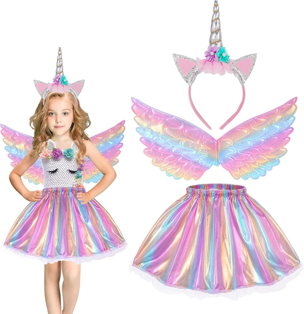 Hifot Unicorn Costumes for Girl, Unicorn Birthday Tutu Dress with Unicorn Wings Headband for Chri... | Amazon (US)