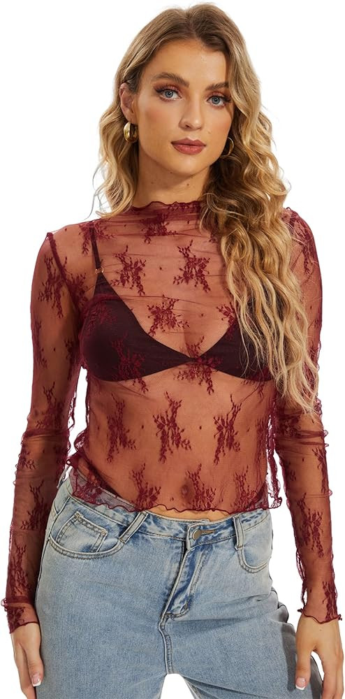 PICPUNMAK Women See Through Floral Embroidery Long Sleeve T Shirt Sexy Mesh Sheer Mock Neck Layer... | Amazon (US)