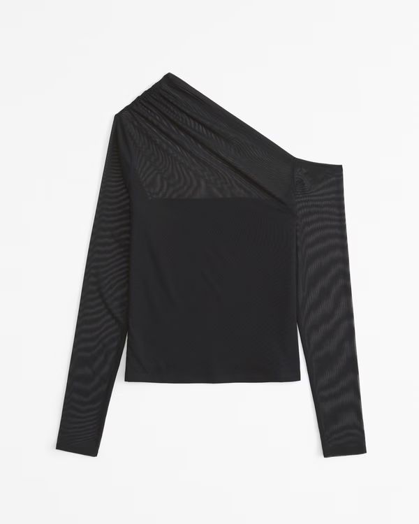 Long-Sleeve Mesh Ruched Asymmetrical Top | Abercrombie & Fitch (US)