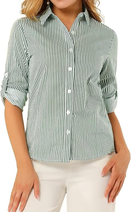 Allegra K Women's Vertical Stripes Button Down Roll-up Long Sleeves Lapel Collar Shirt | Amazon (US)
