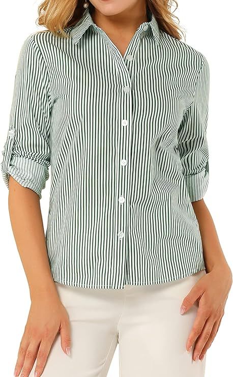 Allegra K Women's Vertical Stripes Button Down Roll-up Long Sleeves Lapel Collar Shirt | Amazon (US)