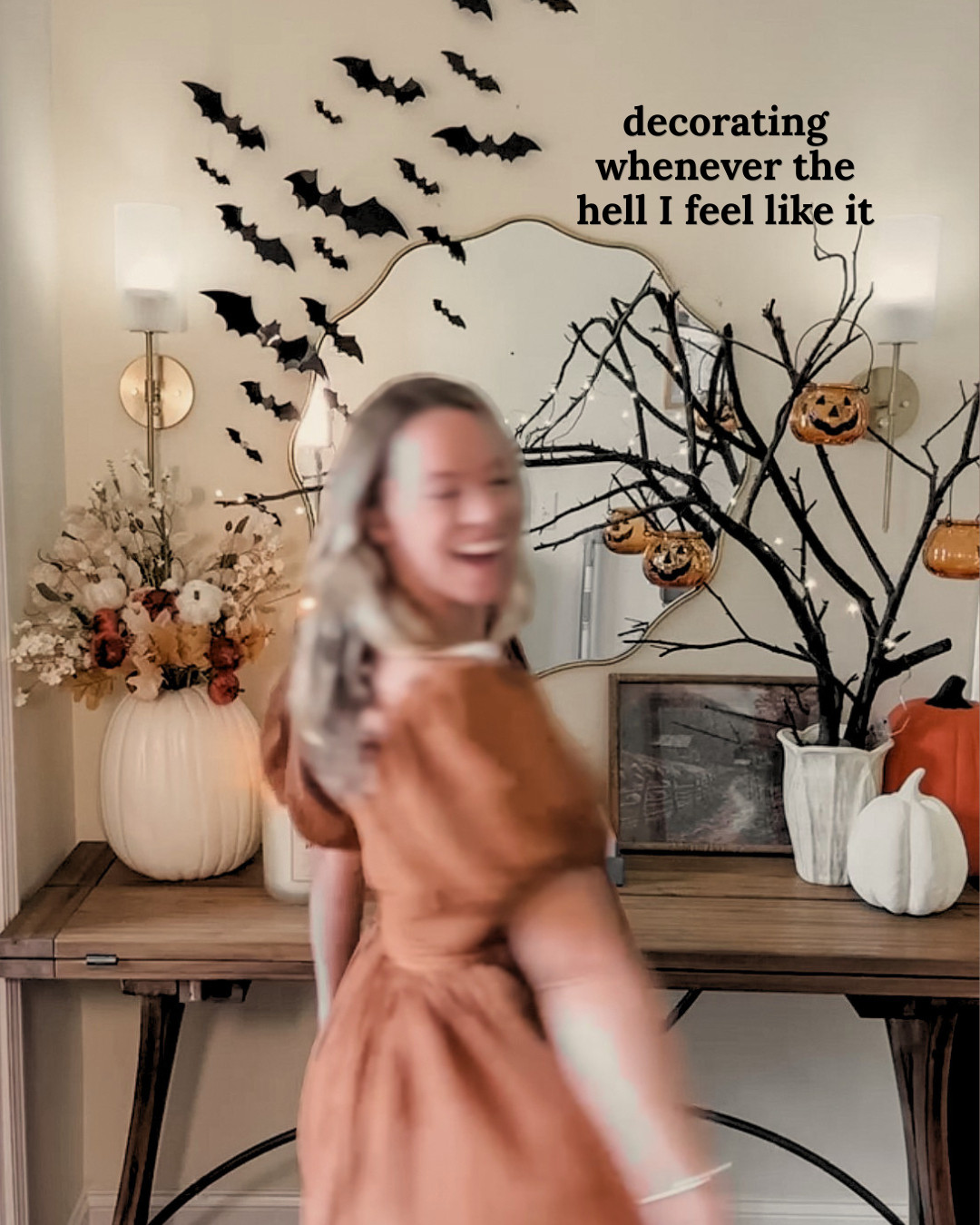 Halloween Console Table, Halloween Decorations, Halloween entryway, bats on wall, bat decor, pumpkin decor, halloween decorations 2026, fall decorations 2026, pumpkin vase, entryway mirror, cute decorations 

 #LTKSeasonal #LTKHome #LTKSaleAlert