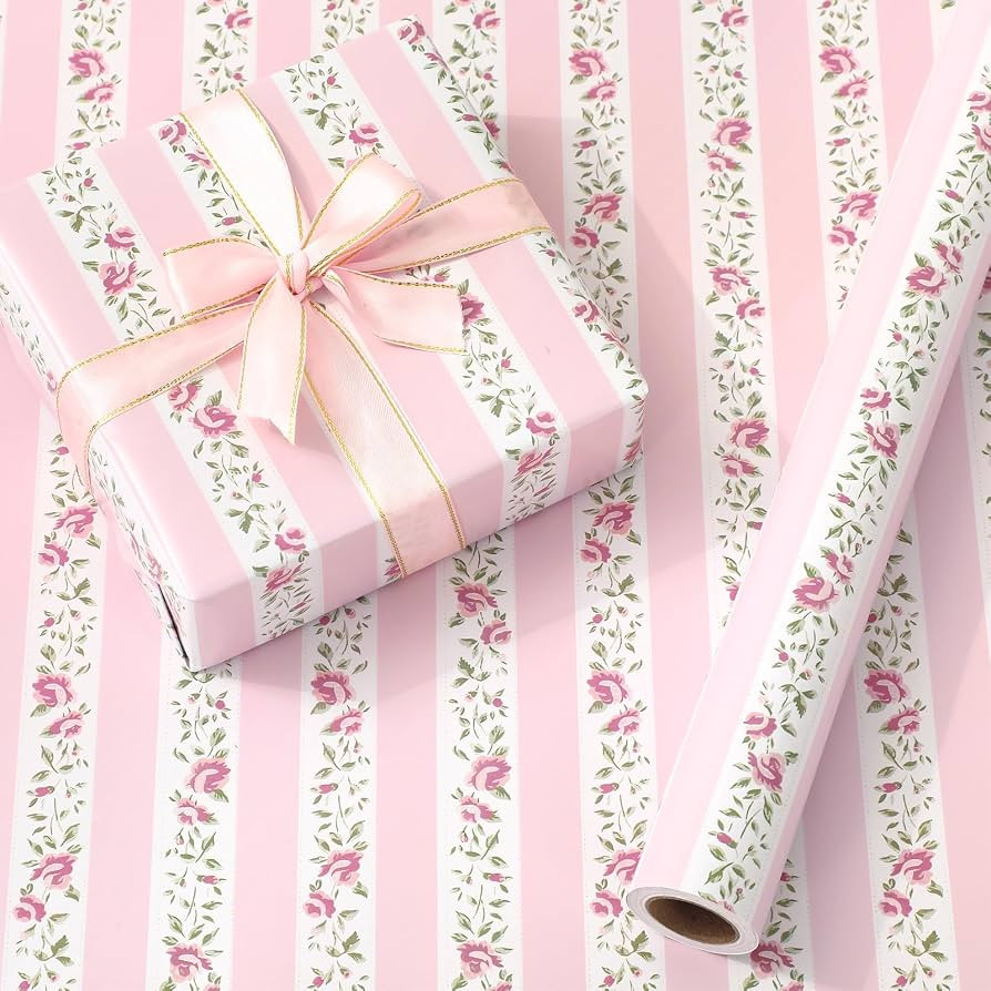 JarThenaAMCS Pink Floral Wrapping Paper - Mini Roll - 17 In x 32.8 Ft Striped Flower Gift Wrap Pa... | Amazon (US)