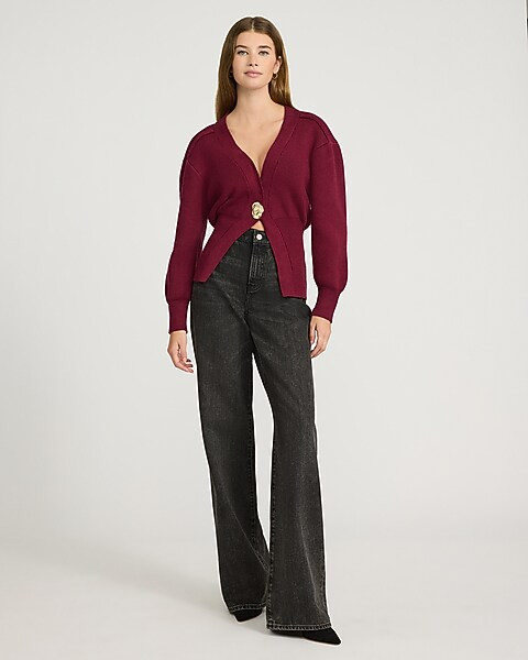 Gold Button V-Neck Banded Cardigan | Express