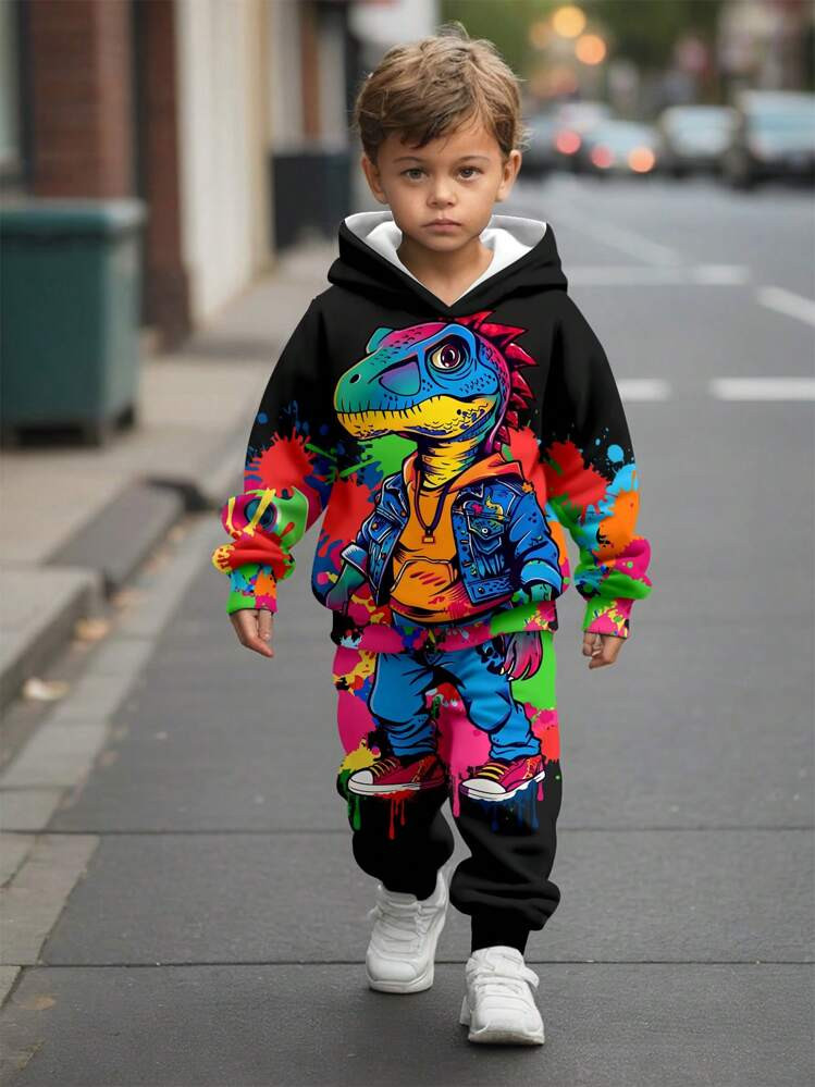 SHEIN 2pcs Young Boy Loose Casual Lizard Dinosaur Print Hoodie Sweatshirt & Comfortable Sporty Ja... | SHEIN