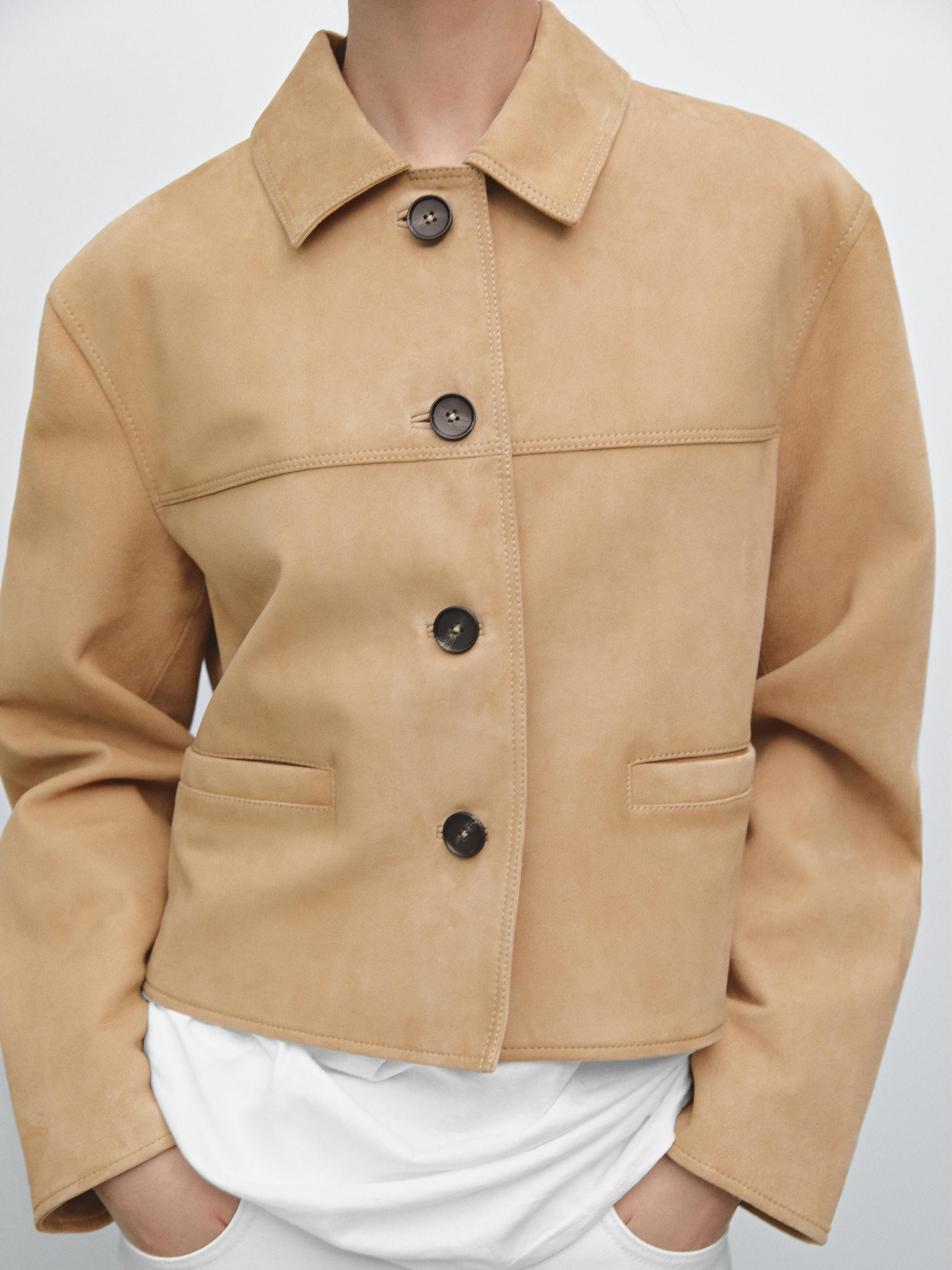 Short suede leather jacket with topstitching | Massimo Dutti UK