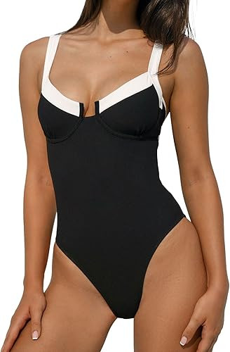 BERLOOK One Piece Swimsuit Women Tummy Control Ribbed Retro Bathing Suits Contrast Trim Knotted S... | Amazon (US)