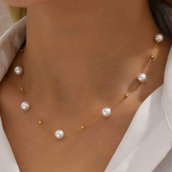 1pc Elegant Faux Pearl And Gold Bead Necklace For Women, New French Style, Trendy Titanium Steel ... | SHEIN