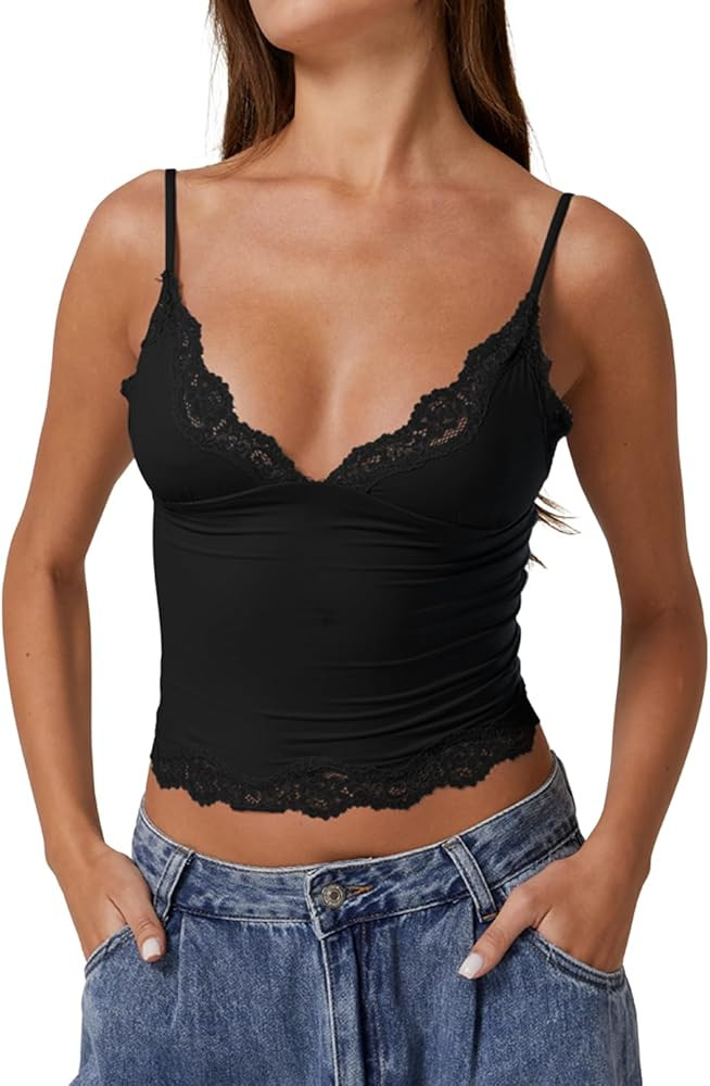 QINSEN V Neck Lace Trim Cami for Womens Spaghetti Straps Slimming Fit Sleeveless Tank Camisole Cr... | Amazon (US)