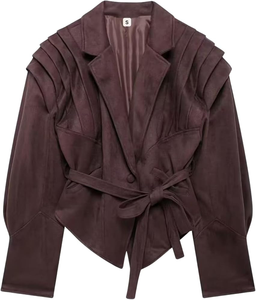 Chevara Women’s Faux Suede Jacket Trendy Long Sleeve Short Pleated Suede Jacket Coat with Belt | Amazon (US)