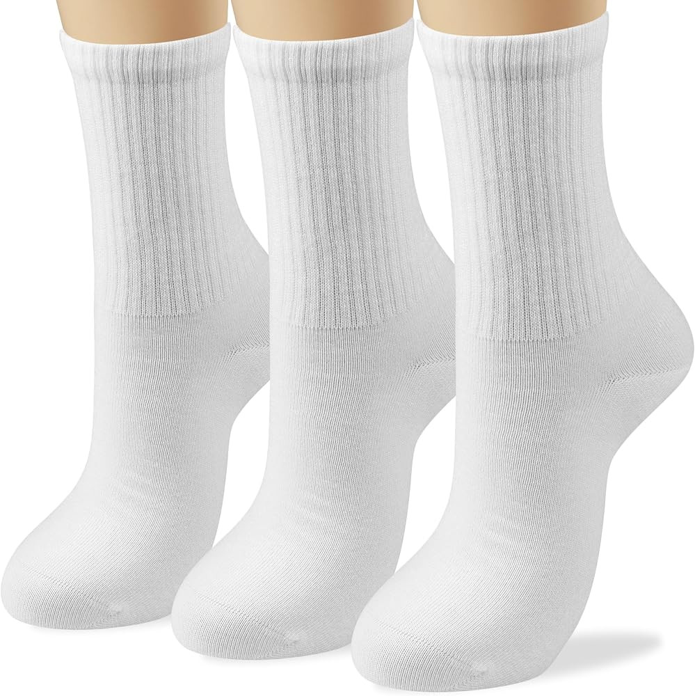 COTTON DAY Womens Soft Cotton White Athletic Crew Socks With Retro Stripes | Amazon (US)