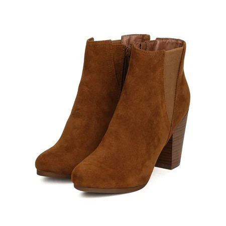 Breckelles Women Gail-37 Faux Suede Elastic Panel Chunky Heel Tan Bootie (9) (9) | Walmart (US)