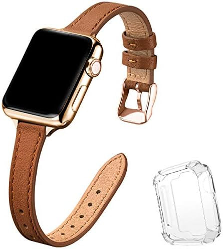 STIROLL Slim Leather Bands Compatible with Apple Watch Band 38mm 40mm 42mm 44mm, Top Grain Leathe... | Amazon (US)