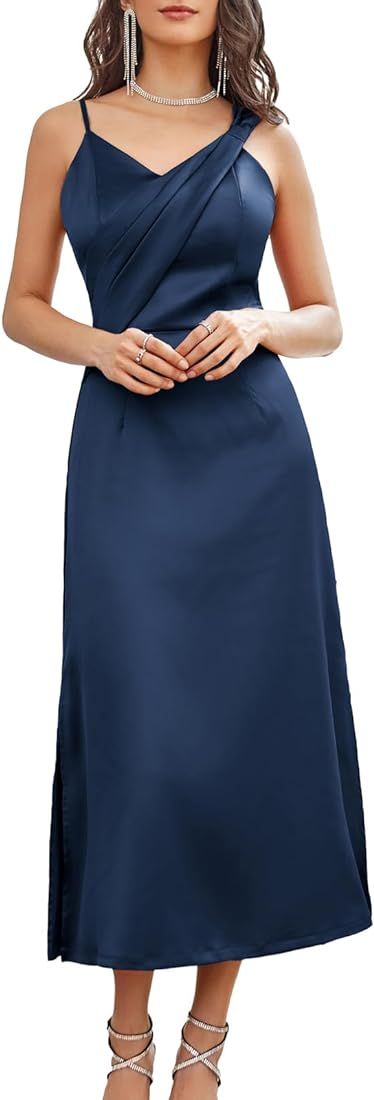 GRACE KARIN Women's 2023 Satin A Line Midi Dress Asymmetric Straps V Neck Slit Cocktail Party Wed... | Amazon (US)