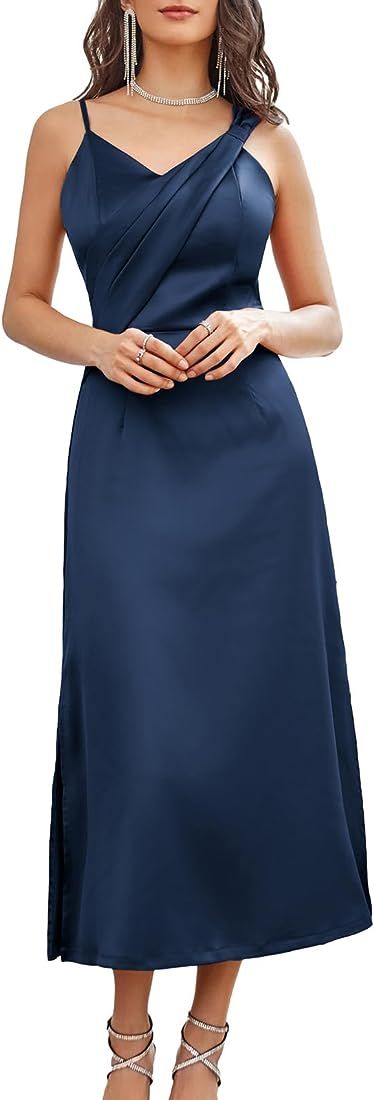 GRACE KARIN Women's 2023 Satin A Line Midi Dress Asymmetric Straps V Neck Slit Cocktail Party Wed... | Amazon (US)