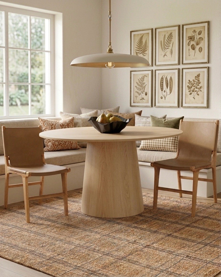 The round wood pedestal dining table I keep coming back to 🤎 Styled here in a warm, grounded breakfast nook with leather dining chairs and a botanical gallery wall.

- Solid wood pedestal table base — sturdy, timeless, never trendy-then-dated
- Round dining table shape maximizes seating in a small breakfast nook
- Natural wood tone pairs beautifully with leather dining chairs and a woven jute rug
- Effortless breakfast nook styling — a bowl of pears makes for a simple, natural centerpiece

If you're looking for round dining table ideas for a small breakfast nook, this is where I'd start.

#LTKHome #LTKSaleAlert