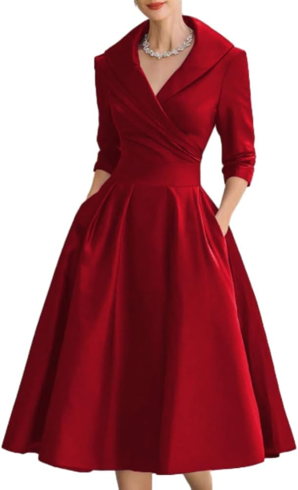 Women’s Elegant V Neck Wrap Midi Dress A Line Long Sleeve Cocktail Formal Wedding Guest Evening... | Amazon (US)