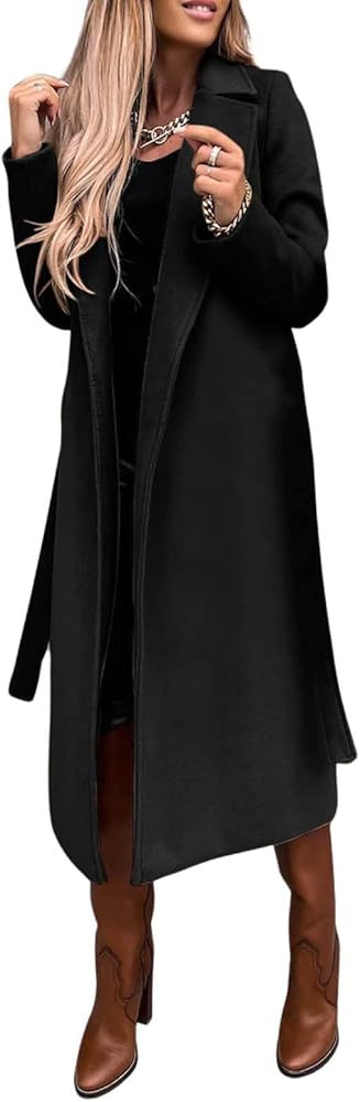 utcoco Womens Long Wool Pea Coats Notched Collar Open Front Woolen Blend Trench Coat with Belt | Amazon (US)