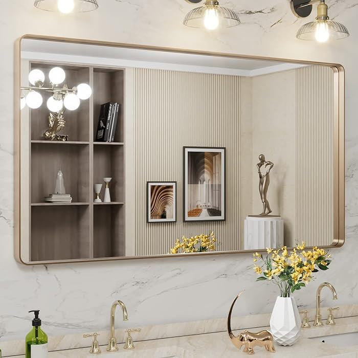 LOAAO 55”X30” Gold Bathroom Mirror, Rounded Rectangle Gold Frame Mirror, Brushed Gold Bathroo... | Amazon (US)